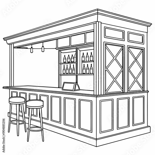 A detailed illustration of a classic wooden bar with shelves and stools.