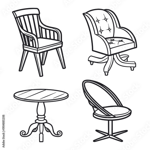 Four different types of chairs and a small round table