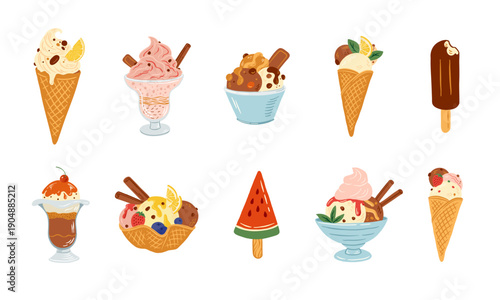 Hand drawn summer ice cream collection with cone, popsicle and dessert bowls. Cartoon vector illustration icon