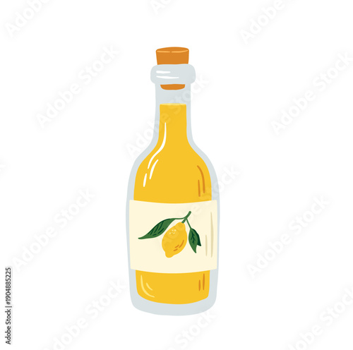 Cartoon limoncello bottle vector illustration. Hand drawn Italian lemon liqueur on white background