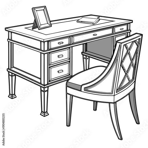 A vintage wooden desk with a chair and a typewriter on top