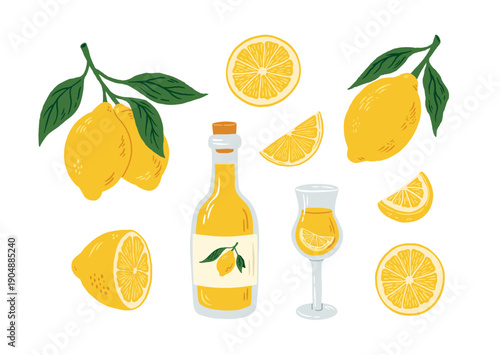 Hand drawn limoncello bottle and glass with lemon branch and slices vector illustration. Cartoon Italian citrus liqueur