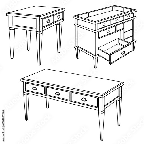 Antique wooden furniture set including a desk, cabinet, and side table