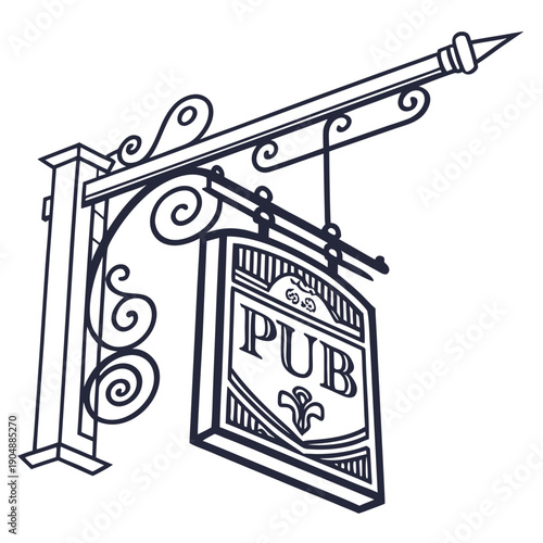 A vintage style pub sign hanging from an ornate metal bracket