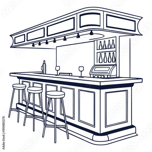 A detailed illustration of a bar counter with stools and shelves.