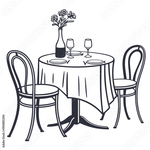 A beautifully set table with a vase of flowers and two wine glasses