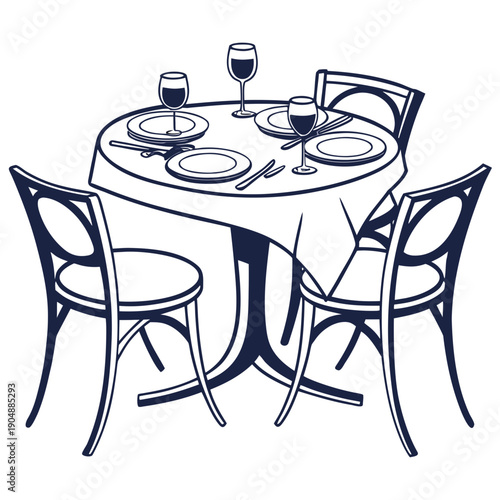 Elegant dining setup with wine glasses and a bottle on a round table