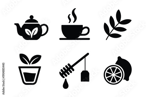 Tea Icons: Teapot, Cup, Lemon, Honey, Herbs, Plant