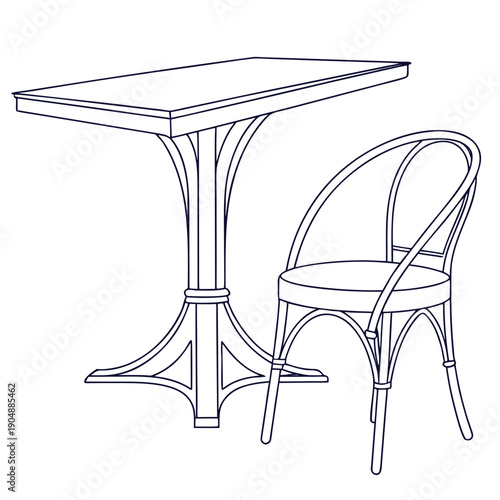 A vintage bistro set with a round table and a curved back chair