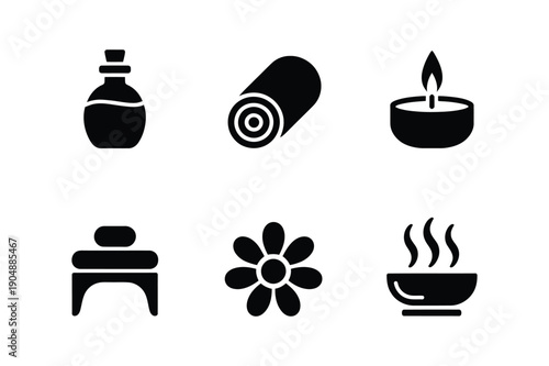 Spa Icons: Massage Stone, Towel, Candle, Flower, Hot Bowl