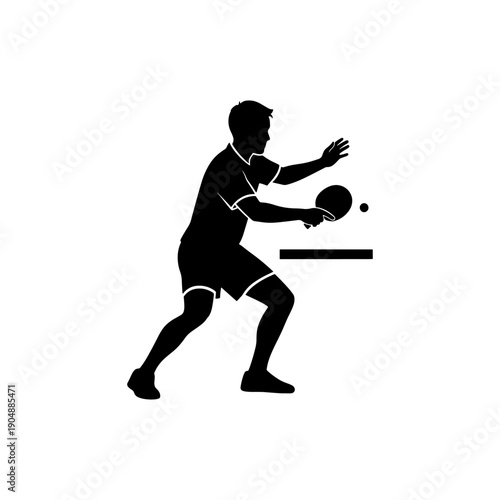A black silhouette of a man playing table tennis with a ball in motion
