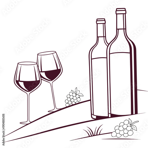 Two glasses of red wine and two bottles on a vineyard hillside