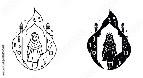 Muslim woman in hijab praying inside mosque and lantern silhouette vector illustration, spiritual devotion, Islamic culture