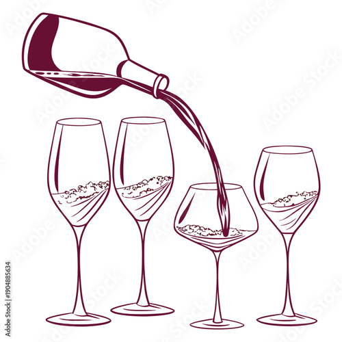 A wine bottle pouring into three glasses, illustrating the progression of wine levels