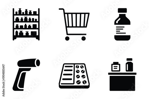 Medical Icons: Pharmacy Shelf, Shopping Cart, Pills, Thermometer