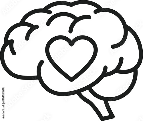 Simple illustration of a brain with a heart in the center, symbolizing love and thought.
