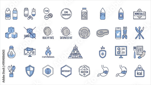 24 Nutrition Icons Set, Two Color Flat Vector for Healthy Food and Wellness