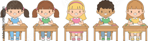 Cute School Kids Writing at Desk Collection Diverse Children Studying Flat Cartoon Vector Illustration Set
