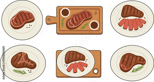 Grilled Steak Dishes Set on Plates and Wooden Board Flat Vector Illustration