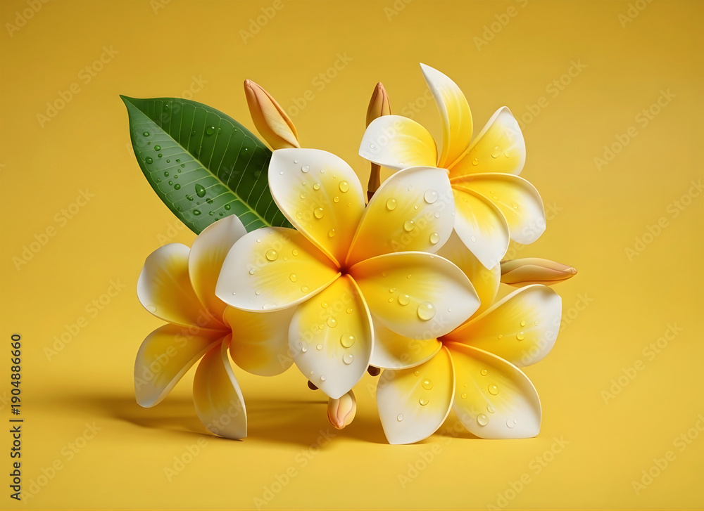 Fototapeta premium Beautiful white and yellow plumeria flowers with green leaves on yellow background