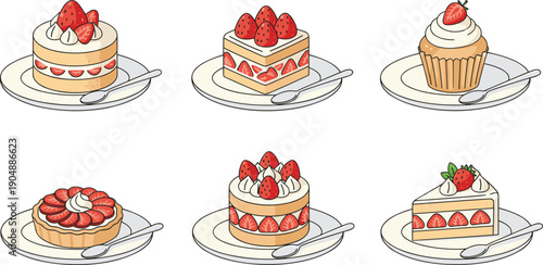 Strawberry Cake and Cupcake Dessert Collection with Cream Frosting on Plates Cute Flat Vector Illustration Set