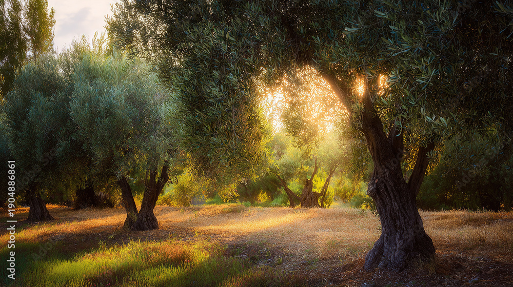 Obraz premium Golden Sunlight Filtering Through Olive Trees
