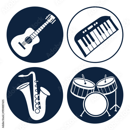 Four musical instruments including guitar, xylophone, saxophone, and drum set