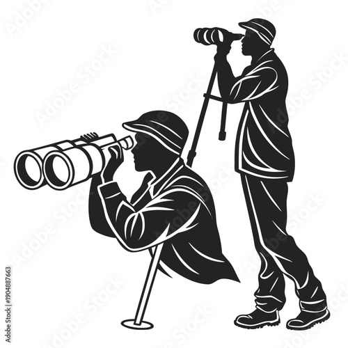 Two individuals with binoculars observing something in the distance