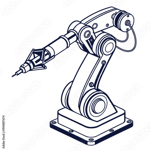 A detailed illustration of a robotic arm with a pen attachment on a base.