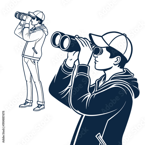 Two individuals observing something in the distance with binoculars and a camera.