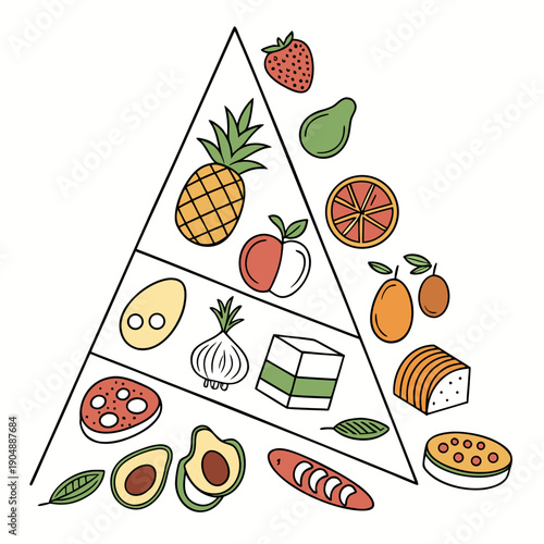 A vibrant illustration showcasing a variety of fruits and vegetables in a pyramid shape.