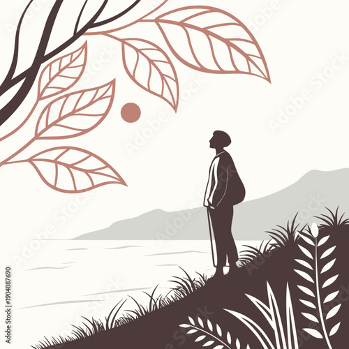 A solitary figure stands on a cliff overlooking a serene lake, surrounded by autumn leaves.