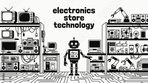 electronics store technology shop retail interior business commercial market display products customer service shopping merchandise storefront design sales urban local with gadgets screens counter