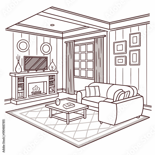 A cozy living room with a fireplace and large windows.