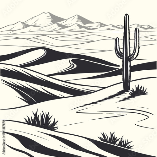 A serene desert landscape with a lone cactus standing tall amidst the sand dunes