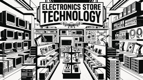 electronics store technology shop retail interior business commercial market display products customer service shopping merchandise storefront design sales urban local with gadgets screens counter