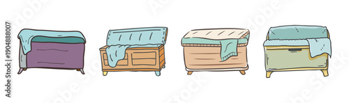 Variety of antique blanket chests with draped fabric in pastel colors