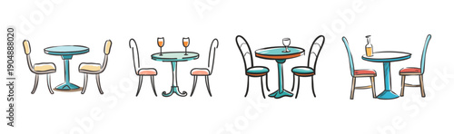 Charming bistro tables and chairs with wine glasses and bottles