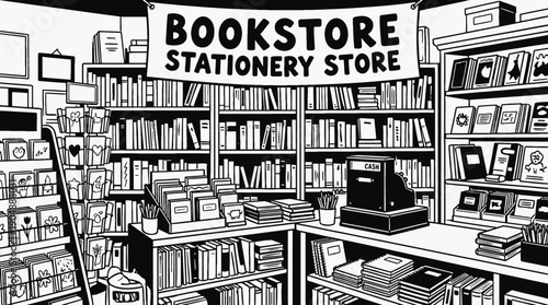 bookstore stationery store shop retail interior business commercial market display products customer service shopping merchandise storefront design sales urban local with shelves books