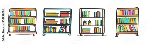 Four cartoon bookshelves filled with colorful books and small potted plants