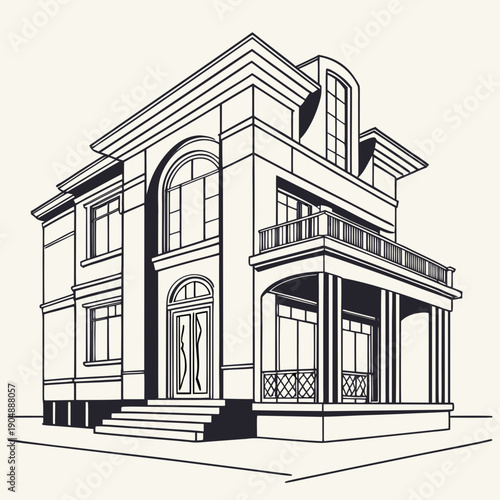 Elegant two-story house with a porch and intricate architectural details