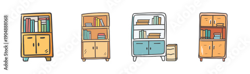Four cartoon bookshelves with cabinets and drawers filled with books