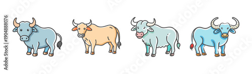 Four cute cartoon water buffaloes in different colors and poses