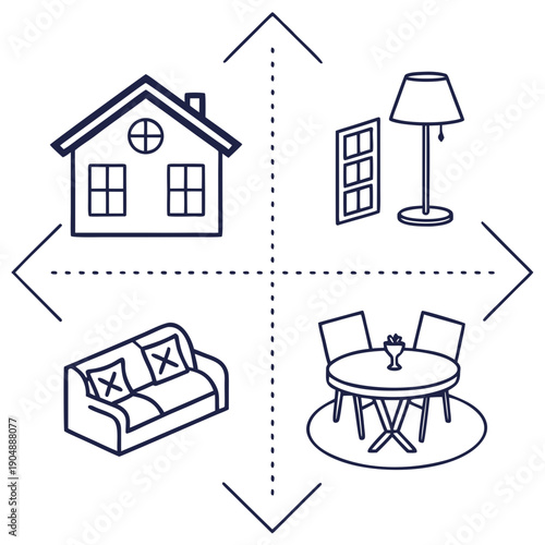 A cozy living room with a house, lamp, sofa, and dining table set.