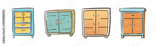 Four charming cartoon cabinets and dressers in various colors and styles