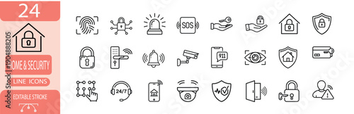Smart home safety and surveillance outline icon set, digital security monitoring and access control symbol, electronic alarm system vector illustration with editable stroke.