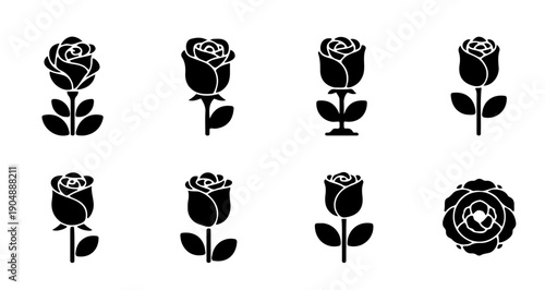 Elegant Rose Icons: A set of eight stylized black rose icons, perfect for design and decor projects, represent the timeless beauty of this classic flower.