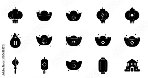 Black Chinese Lunar New Year Icon Set: A captivating collection of meticulously crafted, elegant icons representing the auspicious elements and symbols of the Chinese Lunar New Year.