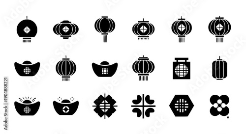 Chinese New Year Icons: An array of detailed icons representing the festive spirit of Chinese New Year, including lanterns, gold ingots, and symbolic patterns.