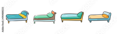 Four colorful cartoon daybeds with pillows, elegant and comfortable furniture